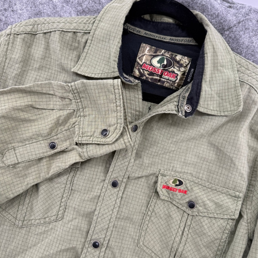 Mossy Oak Snap Button Shirt Mens Medium Green Grid Long Sleeve Outdoor Utility
